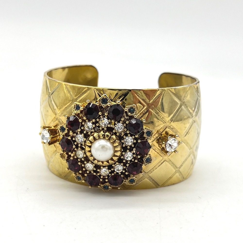 Graziano Gold Tone Quilted Cuff Bracelet Faux Pearl Purple Crystal Medallion